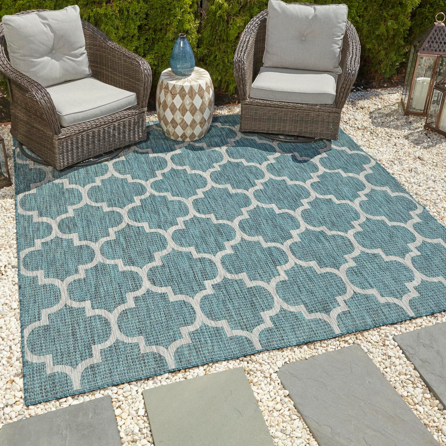 Teal & Gray Square Trellis Outdoor Rug, Easy-Care Synthetic