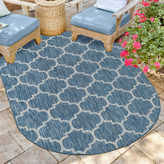 Unique Loom Outdoor Trellis Collection Area Rug (5' 3" x 8' Oval Navy Blue/Ivory)