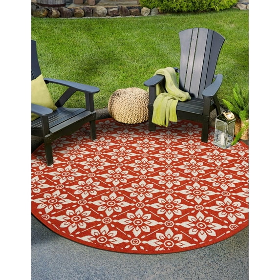 Unique Loom Outdoor Trellis Collection Area Rug - Tiles (6' 1" Round Rust Red/Ivory)
