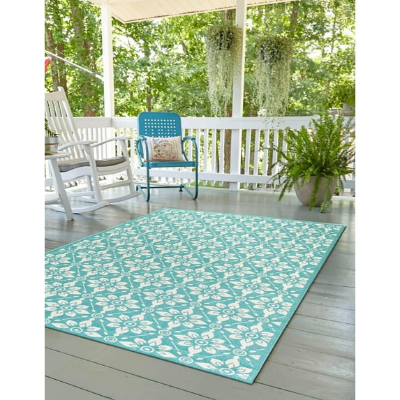 Unique Loom Outdoor Trellis Collection Area Rug - Tiles (6' 1" x 9' Rectangle Teal/Ivory)