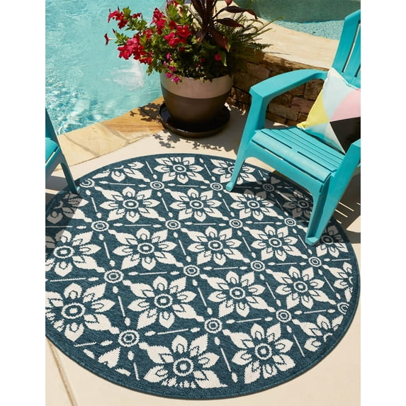 Unique Loom Outdoor Trellis Collection Area Rug - Tiles (7' 10" Round Navy Blue/Ivory)