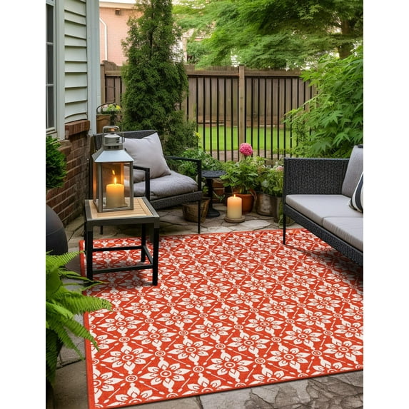 Unique Loom Outdoor Trellis Collection Area Rug - Tiles (7' 10" Square Rust Red/Ivory)