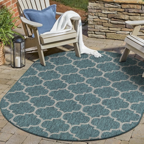 Unique Loom Outdoor Trellis Collection Area Rug (7' 10" x 10' Oval Teal/Gray)