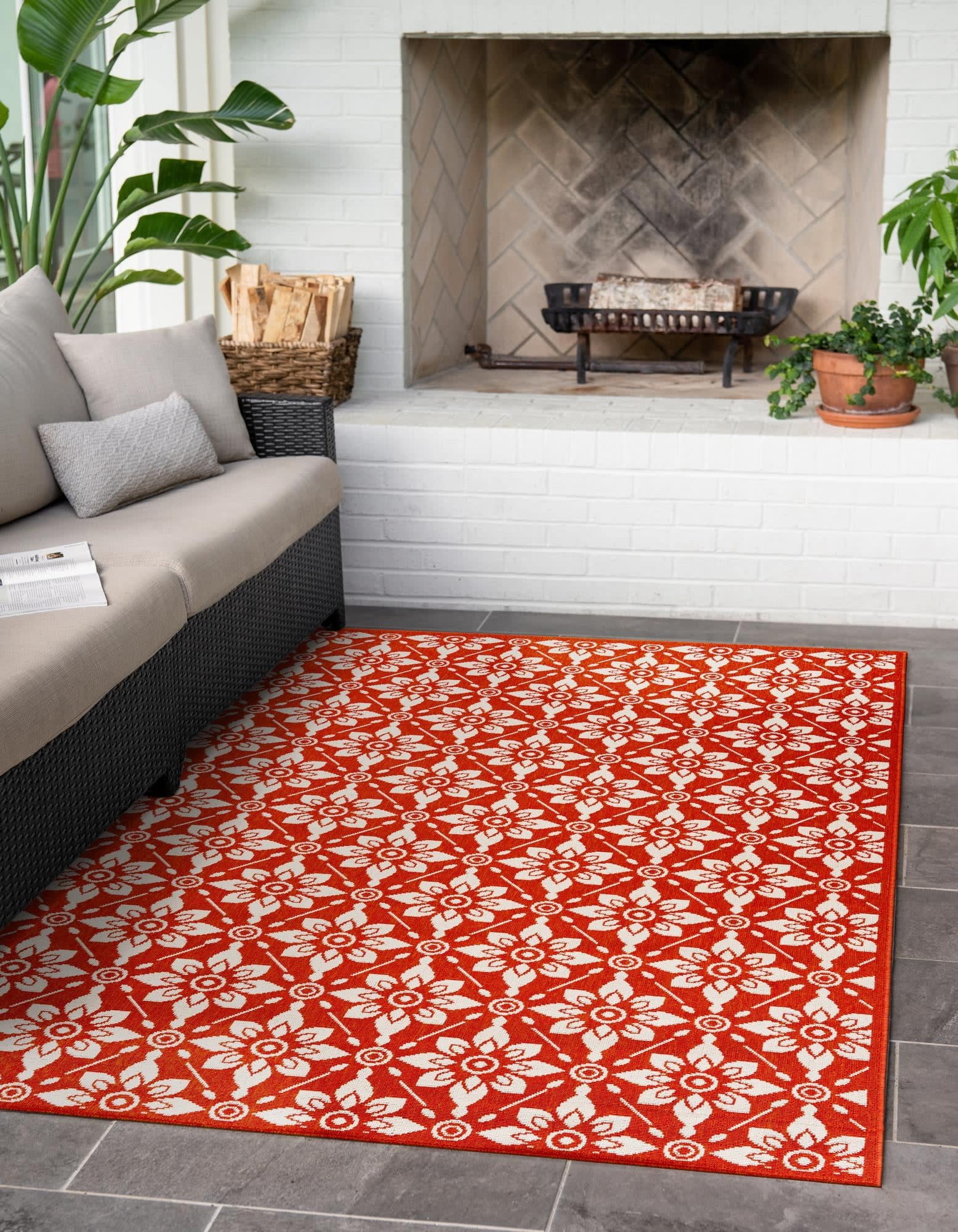 Unique Loom Outdoor Trellis Collection Area Rug - Tiles (9' x 12' Rectangle Rust Red/Ivory)