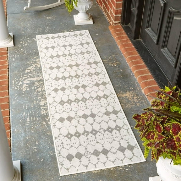 Unique Loom Outdoor Trellis Collection Area Rug - Cardak (2' x 6' Runner Ivory and Gray/Gray)