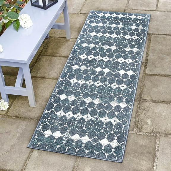 Unique Loom Outdoor Trellis Collection Area Rug - Cardak (2' x 6' Runner Navy Blue/Ivory)