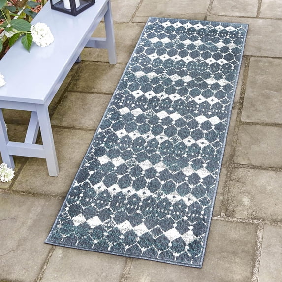 Unique Loom Outdoor Trellis Collection Area Rug - Cardak (2' x 8' Runner Navy Blue/Ivory)