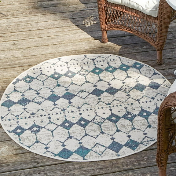 Unique Loom Outdoor Trellis Collection Area Rug - Cardak (4' Round Ivory and Blue/Navy Blue)