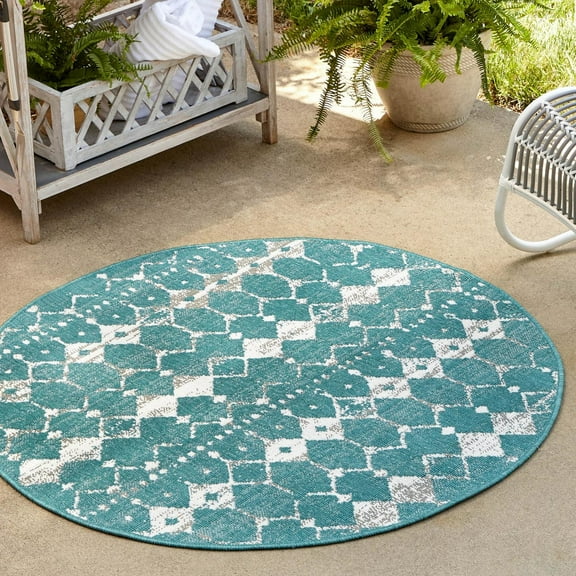 Unique Loom Outdoor Trellis Collection Area Rug - Cardak (4' Round Teal/Ivory)