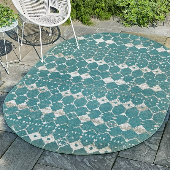 Unique Loom Outdoor Trellis Collection Area Rug - Cardak (5' 3" x 8' Oval Teal/Ivory)