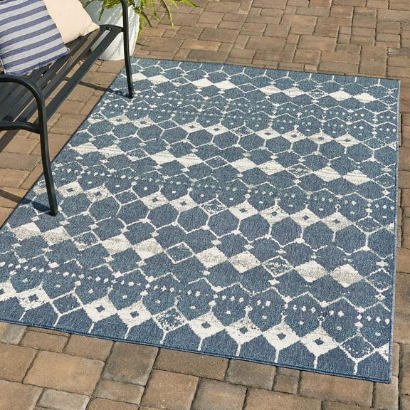 Unique Loom Outdoor Trellis Collection Area Rug - Cardak (5' 3" x 8' Rectangle Navy Blue/Ivory)