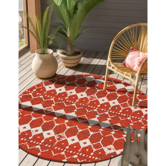 Unique Loom Outdoor Trellis Collection Area Rug - Cardak (7' 1" Round Rust Red/Navy Blue)
