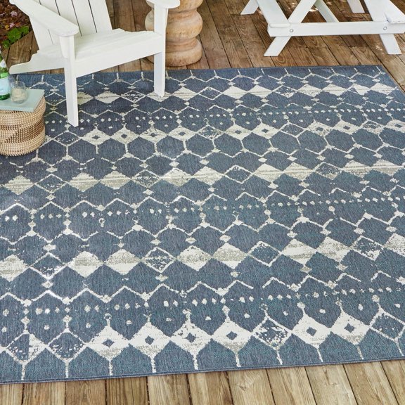 Unique Loom Outdoor Trellis Collection Area Rug - Cardak (7' 10" Square Navy Blue/Ivory)
