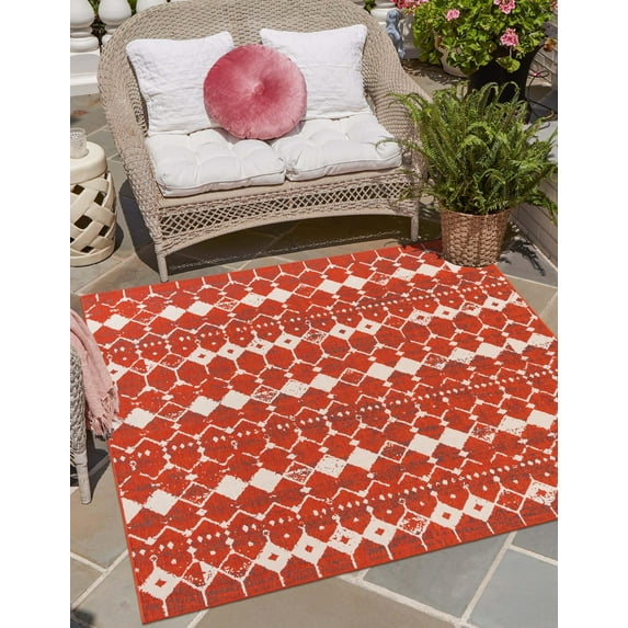 Unique Loom Outdoor Trellis Collection Area Rug - Cardak (7' 10" Square Rust Red/Navy Blue)