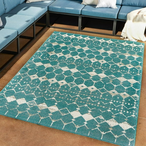 Unique Loom Outdoor Trellis Collection Area Rug - Cardak (7' 10" x 10' Rectangle Teal/Ivory)