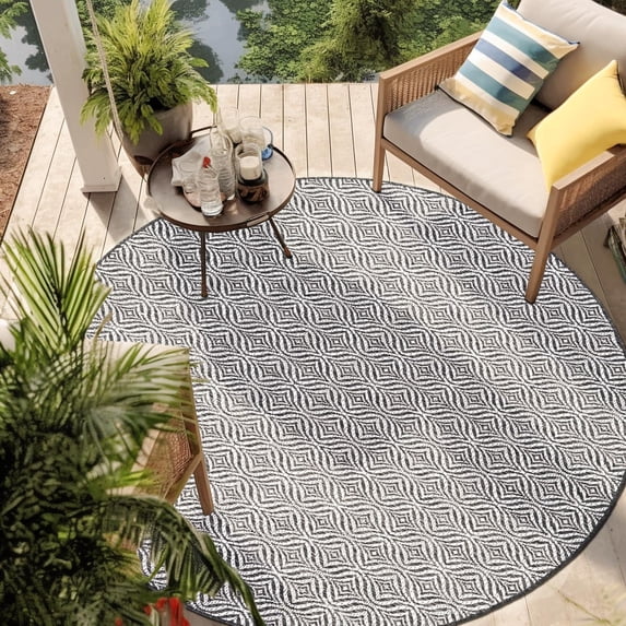 Unique Loom Outdoor Trellis Collection Area Rug - Deco Trellis (12' Round Charcoal/Ivory)