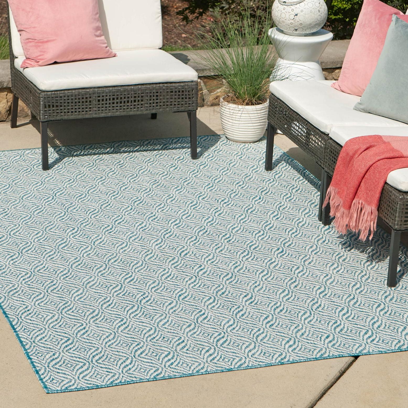 Aqua and Ivory Trellis Outdoor Rectangular Rug