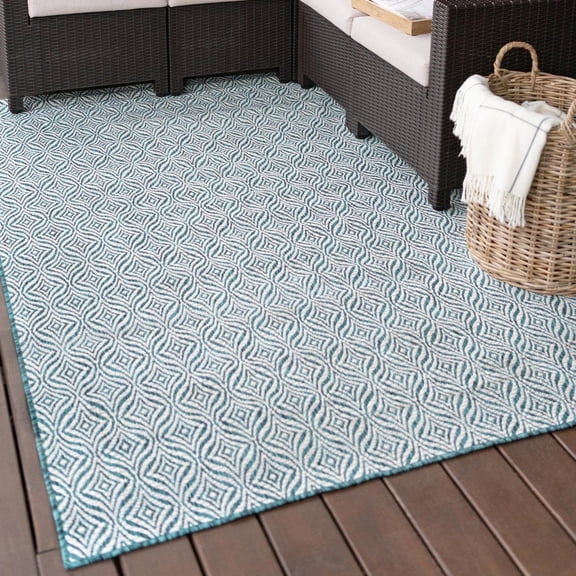 Unique Loom Outdoor Trellis Collection Area Rug - Deco Trellis (9' x 12' 2" Rectangle Teal/Ivory)