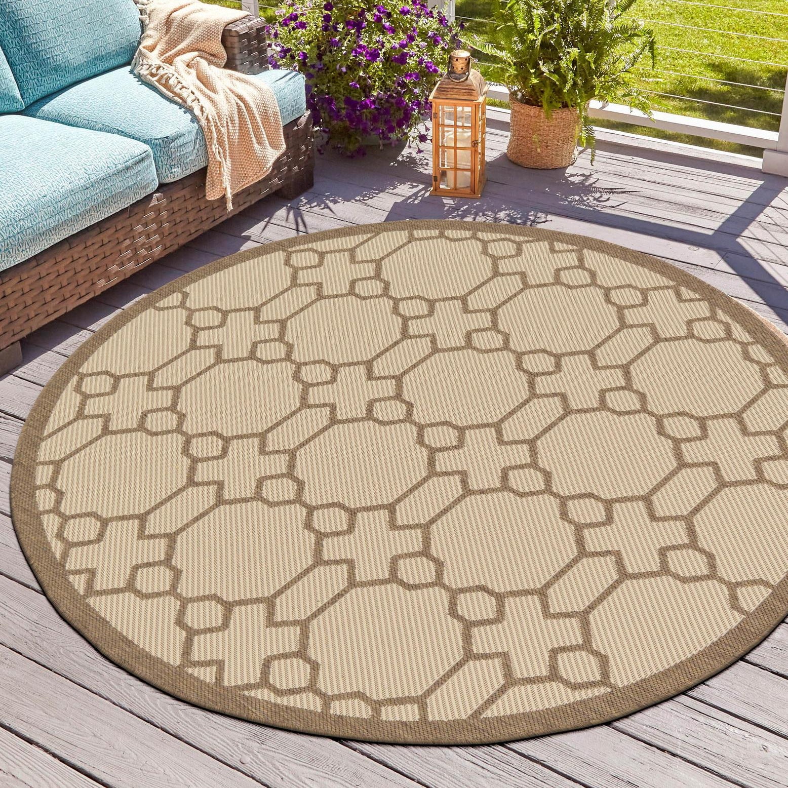 Beige and Brown Round Outdoor Synthetic Area Rug