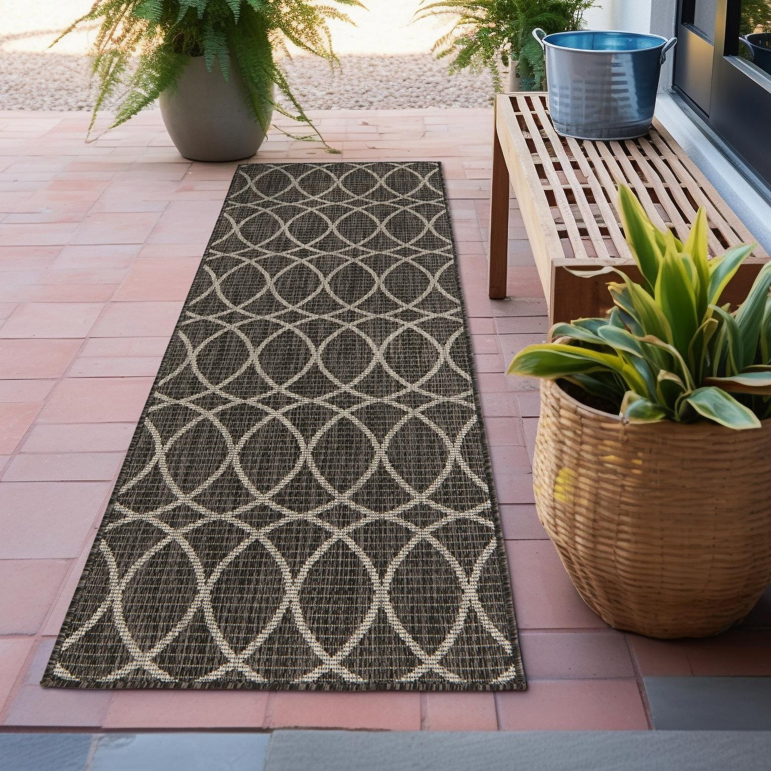 Charcoal Gray Trellis Pattern Outdoor Runner Rug