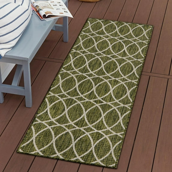 Unique Loom Outdoor Trellis Collection Area Rug - Gitter (2' x 8' Runner Green/Ivory)