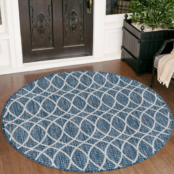 Unique Loom Outdoor Trellis Collection Area Rug - Gitter (3' 1" Round Blue/Ivory)