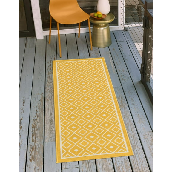 Unique Loom Outdoor Trellis Collection Area Rug - Kafes (2' x 8' Runner Yellow/Ivory)