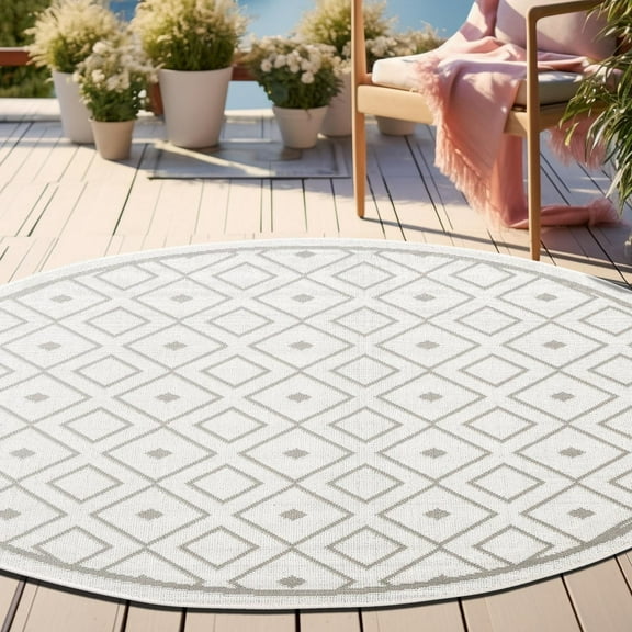 Unique Loom Outdoor Trellis Collection Area Rug - Kafes (4' Round Ivory/Gray)