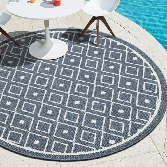Unique Loom Outdoor Trellis Collection Area Rug - Kafes (4' Round Navy Blue/Ivory)