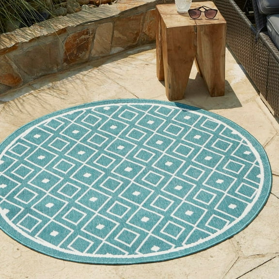 Unique Loom Outdoor Trellis Collection Area Rug - Kafes (4' Round Teal/Ivory)