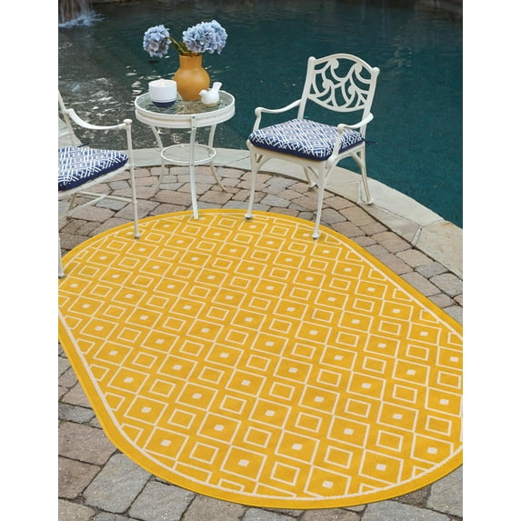 Unique Loom Outdoor Trellis Collection Area Rug - Kafes (5' 3" x 8' Oval Yellow/Ivory)