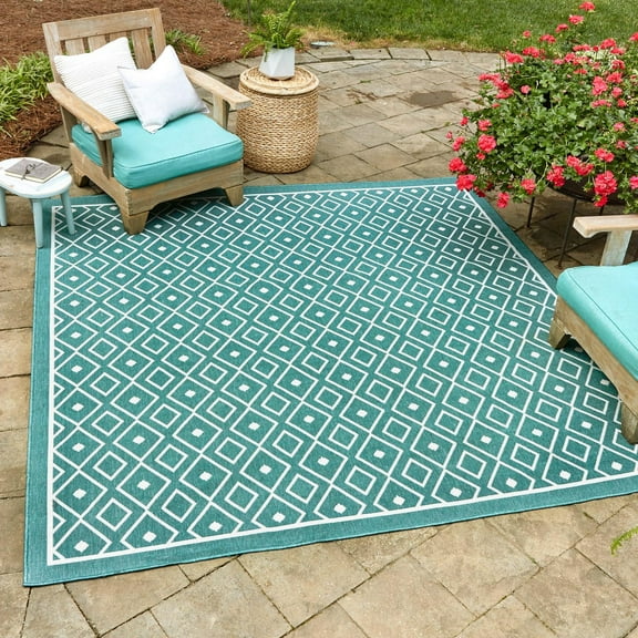 Unique Loom Outdoor Trellis Collection Area Rug - Kafes (7' 10" Square Teal/Ivory)