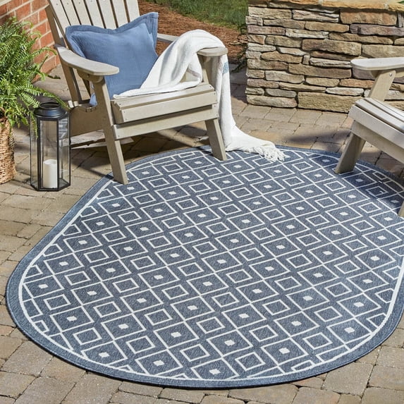 Unique Loom Outdoor Trellis Collection Area Rug - Kafes (7' 10" x 10' Oval Navy Blue/Ivory)