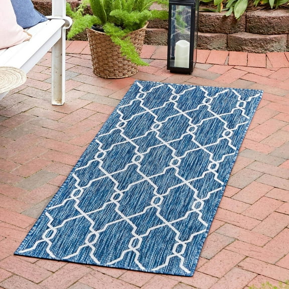 Unique Loom Outdoor Trellis Collection Area Rug - Links Trellis (2' x 6' 1" Runner Blue/Ivory)
