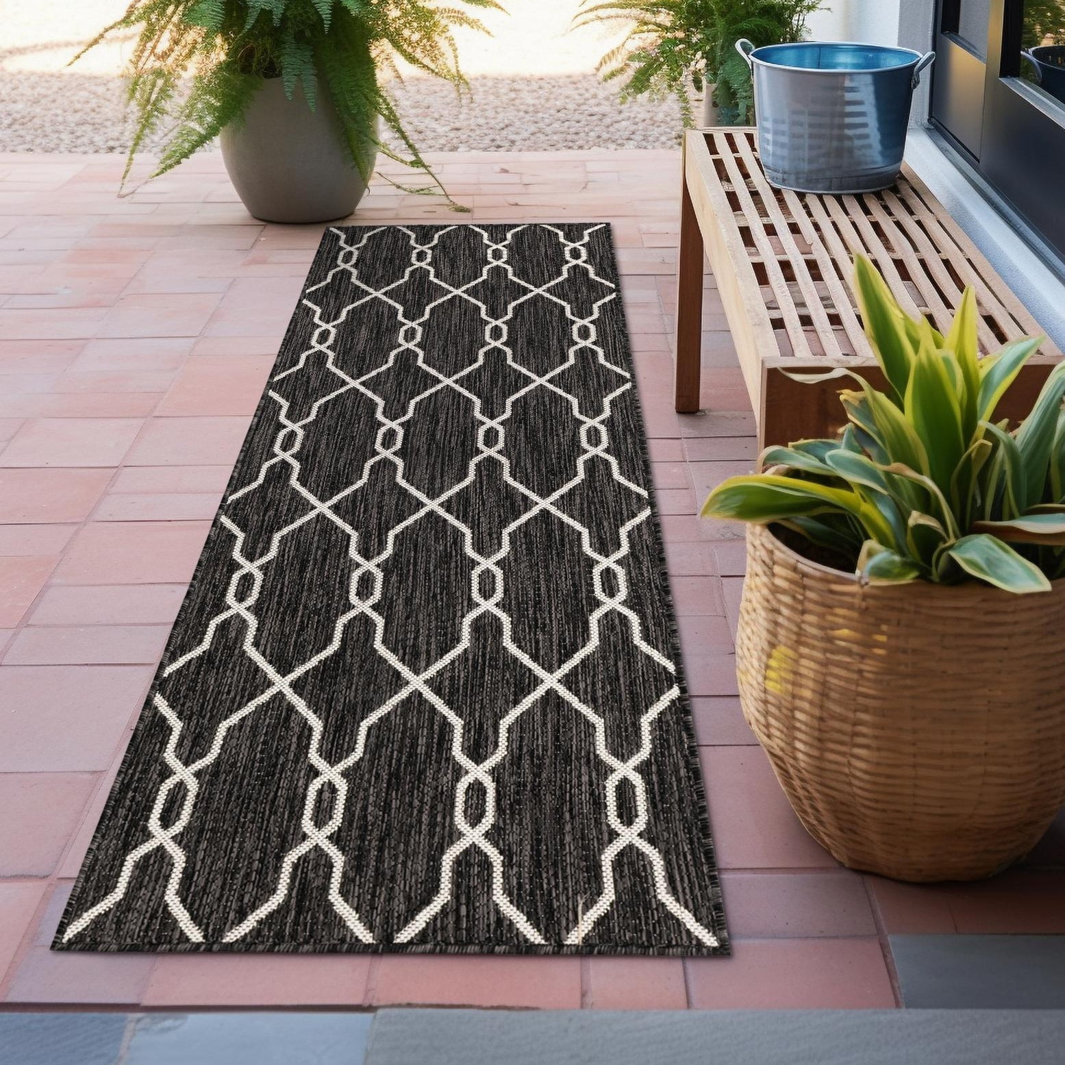 Charcoal Trellis Flat Woven Outdoor Runner Rug
