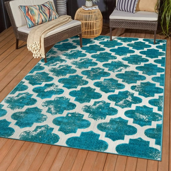 Unique Loom Outdoor Trellis Collection Area Rug - Nashville (6' 1" x 9' Rectangle Turquoise/Beige)