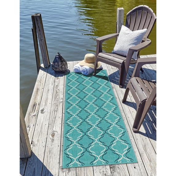 Unique Loom Outdoor Trellis Collection Area Rug - Parmaklik (2' x 6' 1" Runner Teal/Navy Blue)
