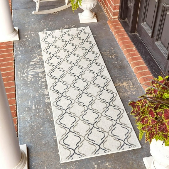 Unique Loom Outdoor Trellis Collection Area Rug - Parmaklik (2' x 6' Runner Ivory/Navy Blue)