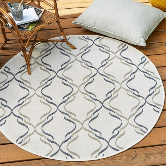 Unique Loom Outdoor Trellis Collection Area Rug - Parmaklik (4' Round Ivory/Navy Blue)