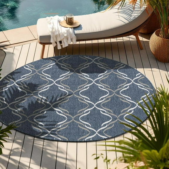 Unique Loom Outdoor Trellis Collection Area Rug - Parmaklik (4' Round Navy Blue/Ivory)