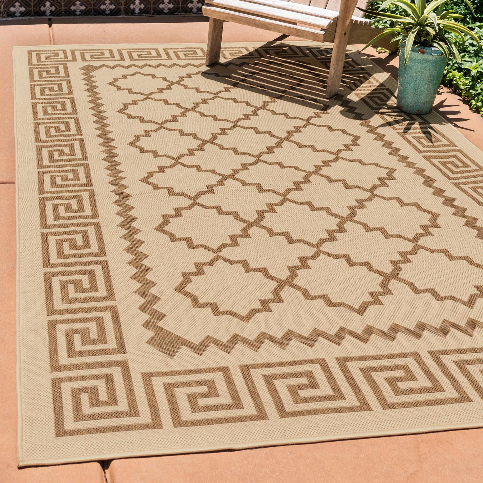 Beige and Brown Geometric Outdoor Area Rug 7' x 10'