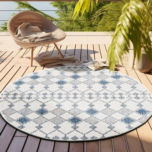 Unique Loom Outdoor Trellis Collection Area Rug - Traliccio (3' 1" Round Ivory/Navy Blue)