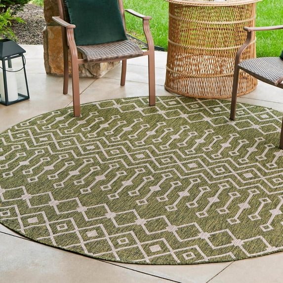 Unique Loom Outdoor Trellis Collection Area Rug - Tribal Trellis (10' 8" Round Green/Natural)