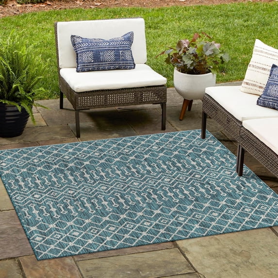 Unique Loom Outdoor Trellis Collection Area Rug - Tribal Trellis (10' 8" Square Teal/Ivory)