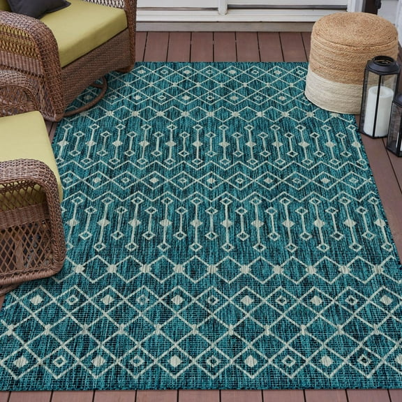 Unique Loom Outdoor Trellis Collection Area Rug - Tribal Trellis (2' x 3' 1" Rectangle Teal/Ivory)