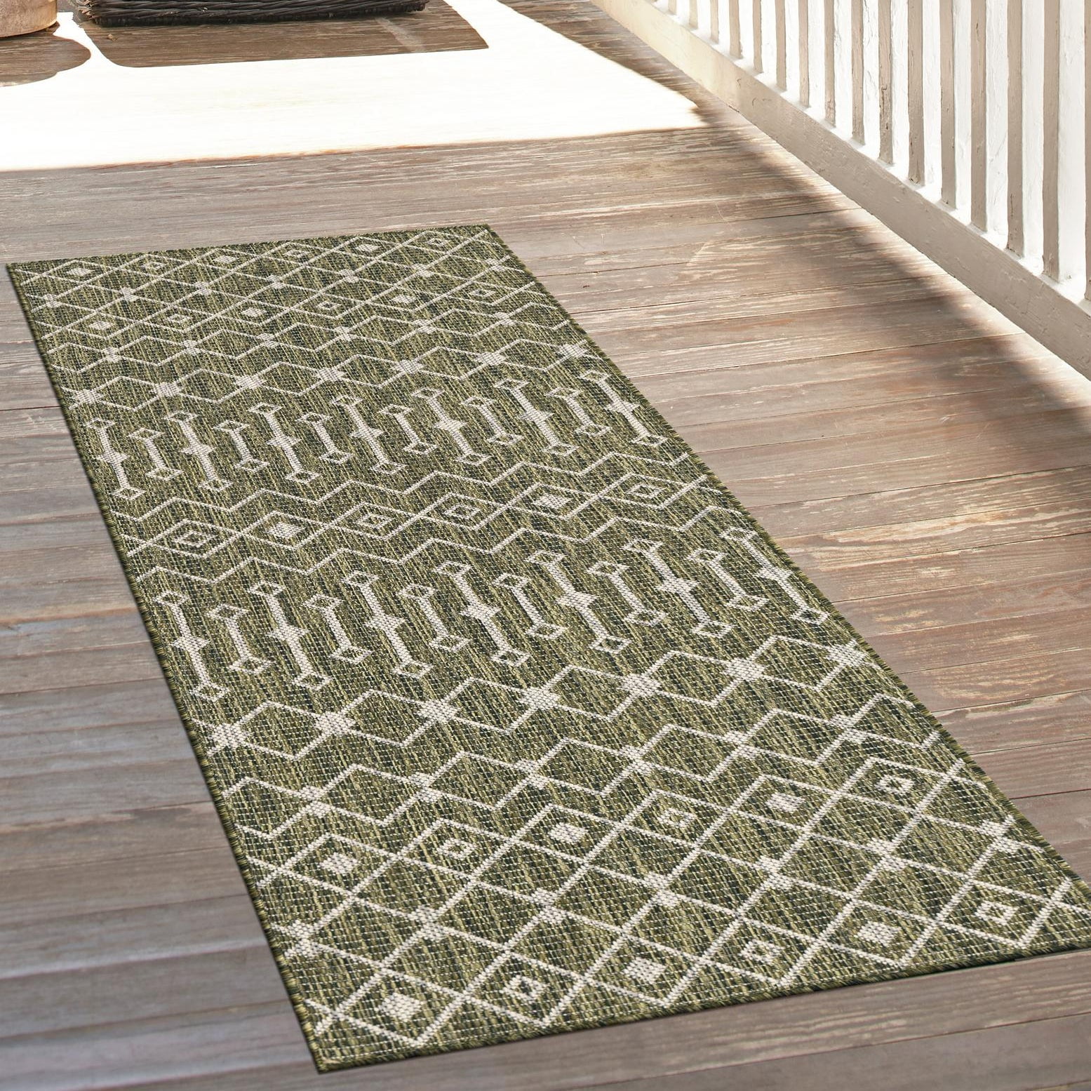 Green/Ivory Geometric Synthetic 2' x 8' Outdoor Runner