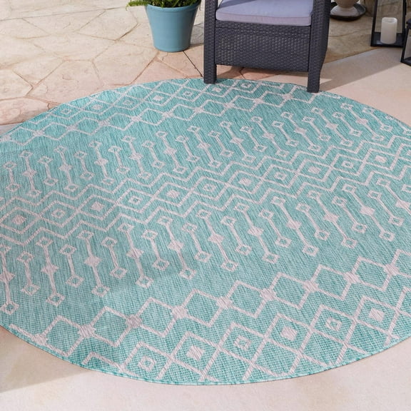 Unique Loom Outdoor Trellis Collection Area Rug - Tribal Trellis (3' 1" Round Aqua/Ivory)