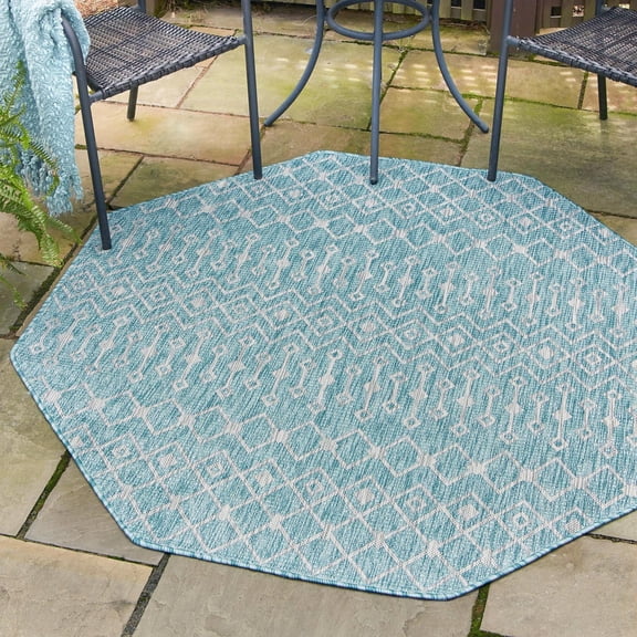 Unique Loom Outdoor Trellis Collection Area Rug - Tribal Trellis (7' 10" Octagon Aqua/Ivory)