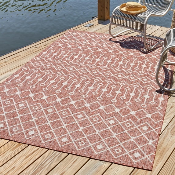 Unique Loom Outdoor Trellis Collection Area Rug - Tribal Trellis (9' x 12' Rectangle Rust Red/Ivory)