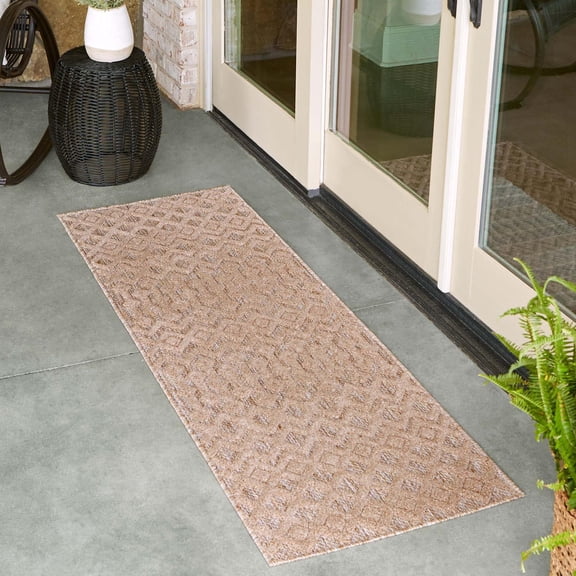 Unique Loom Outdoor Trellis Textured Collection Area Rug - Osage (2' x 8' Runner Beige)